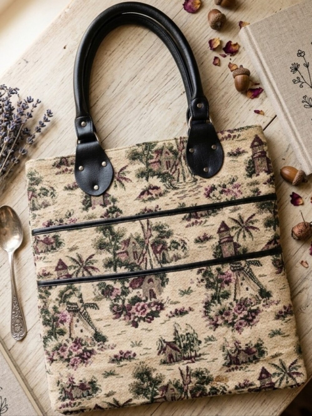 VINTAGE TOILE DE‎ JOY LEATHER TAPESTRY WINDMILL FLORAL HERITAGE 70S TOTE HANDBAG